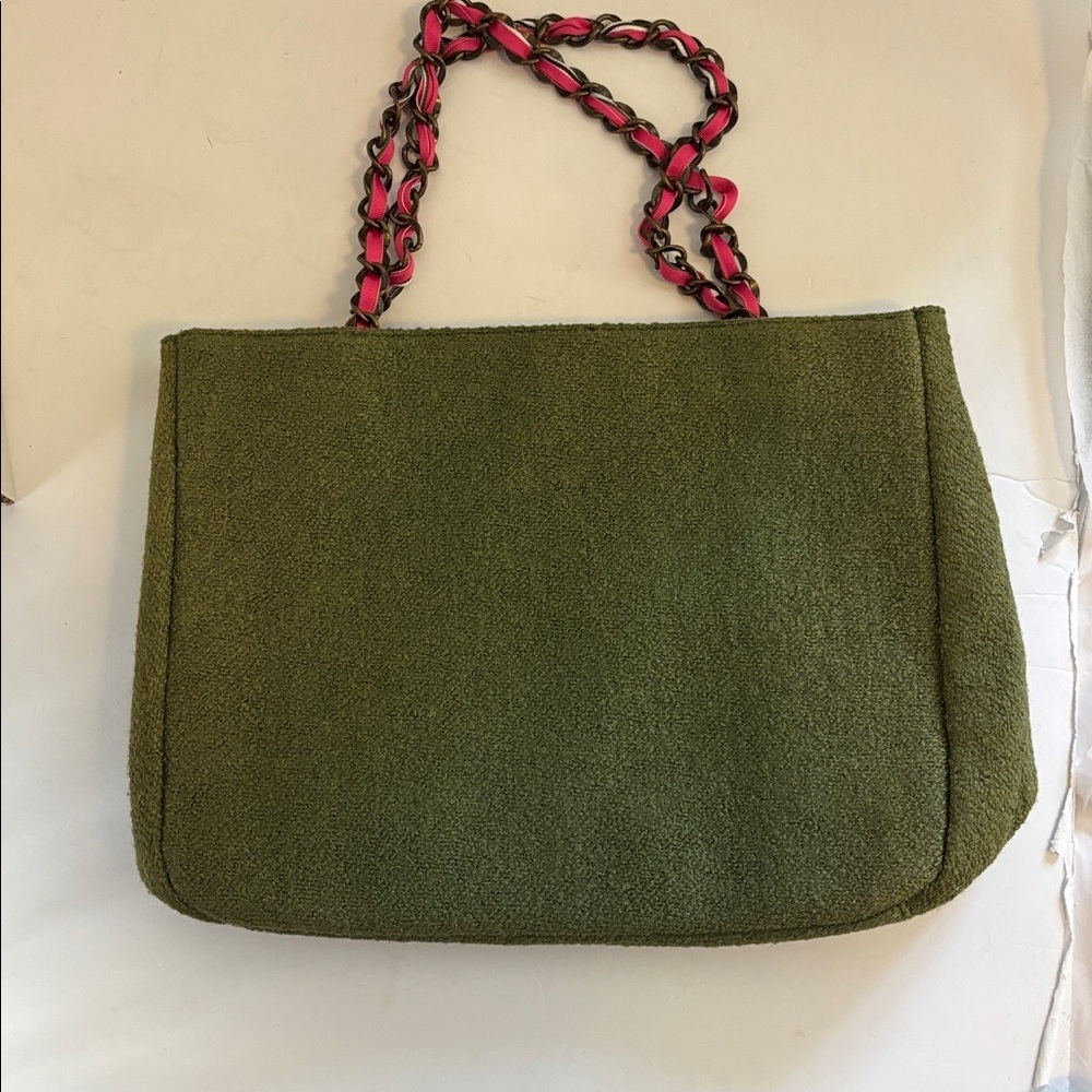 GOLDIE BRAND OLIVE/MOSS GREEN WOOL BAG PINK RIBBON THROUGHOUT BRASS HANDLE